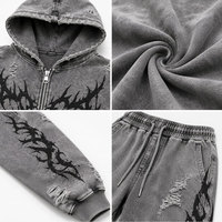 Survêtement imprimé gothique unisexe à capuche avec fermeture éclair intégrale, coupe ample, gris, design vieilli, pour l'hiver
