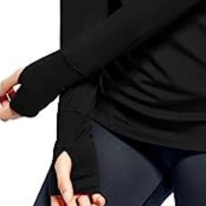 T-shirt décontracté pour femme en coton 100% tricoté, noir, col rond, manches longues, coupe ample, avec trous pour les pouces, à porter toute l'année - Product Image 6