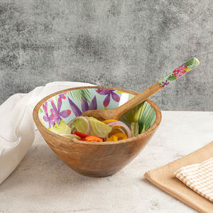 Bol à salade en bois artisanal avec intérieur en émail floral coloré, bol de service, bol décoratif pour la cuisine et la salle à manger, Inde - Product Image 1