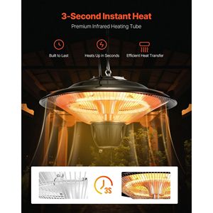 Chauffe-terrasse infrarouge électrique 1500W avec protection IP34, design suspendu réglable avec cordon de 23,6 pouces - Product Image 2