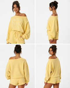 Conjunto de Sudadera Oversize con Hombros Descubiertos y Dobladillo Acanalado y Shorts de Felpa para Mujer con Bordado Desgastado - Product Image 5
