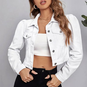 Vestes en jean bleu personnalisées pour femmes, manches bouffantes, coupe courte, décontractées, unies, 100 % coton, pour l'automne, l'été et l'hiver - Product Image 2