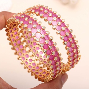 Handmade Ruby and Zirconia Openable <b>Bangle</b> Traditional Indian Brass <b>Bracelet</b> 22K Gold Plated Bridal Jewelry - Product Image 3