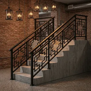 Rampe d'escalier moderne en métal noir avec main courante à motif géométrique pour maison, villa, bureau, balcon et décoration intérieure sécurisée - Product Image 4