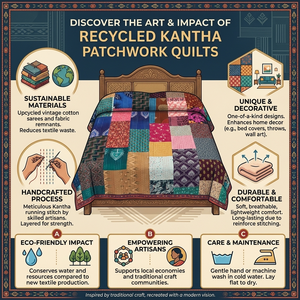 Colchas Kantha Hechas a Mano 100% Algodón Ecológico Reciclado con Piezas de Tela Coloridas, Costura Tradicional, Estilo Rústico - Product Image 6