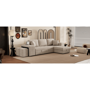 104.5 Modern L-Shaped 3-Seater Reversible Sectional Couch Pull-Out <b>Sleeper</b> <b>Sofa</b> with Storage Chaise 2 Stools for Living Room - Product Image 2