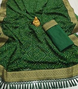 Sari vert en georgette Bandhani spécial pour femme KV avec chemisier non cousu K V International Traditionnel Séchage rapide Mariage - Product Image 5