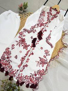 Ensemble pantalon et veste en soie romaine traditionnelle brodée de qualité supérieure avec dupatta en organza ajouré, infroissable et extensible pour femme - Product Image 6