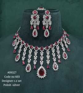 09327Designer CZ Jewelry Set <b>Necklace</b> Earrings Rhodium Plated Red Zircon Classic Wedding Women's Fashion Jewelry - Product Image 1