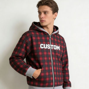 Sweat à capuche zippé surdimensionné à carreaux rouges et noirs avec bordure grise contrastante, impression de lettres personnalisée, sweat à capuche en polaire chaud décontracté pour hommes - Product Image 1