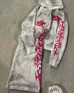 Custom Washed Eco-Friendly 100% Cotton Zip <b>Hoodie</b> Wide Leg Sweatpants Set Premium Casual Winter Streetwear Tracksuit - Product Image 3