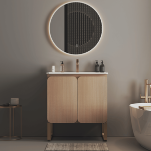 Mobile bagno Dalia30F U093 107 da 76 cm, a parete o freestanding, in legno chiaro, con ampio spazio contenitivo, 2 ante e lavabo in ceramica - Product Image 1