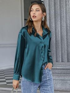 Camisa de Satén para Mujer, con Botones, Manga Larga, Cuello Camisero, Corte Holgado, Color Sólido, Blusa Casual, Manga Larga, Largo Regular - Product Image 3
