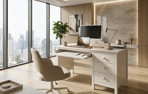 Bureau d'écriture moderne en bois blanc réglable avec 3 tiroirs et armoire de rangement, mobilier de bureau autoportant pour usage domestique/commercial, DIY - Product Image 2