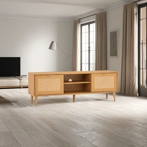 Console multimédia moderne et élégante en noyer avec 2 portes coulissantes en rotin, étagère ouverte et gestion des câbles pour appartement, salon, maison - Product Image 1