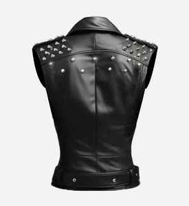 <b>Women's</b> <b>Black</b> Stylish Genuine Leather Skull Pattern Studs Zipper Closure Premium Biker Motorcycle <b>Waistcoat</b> Custom OEM Wholesale - Product Image 2
