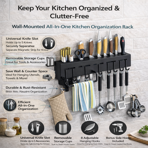 Organisateur mural 3-en-1 premium, porte-couteaux incassable, porte-serviettes noir, support de rangement pour couverts - Product Image 6
