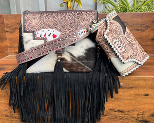 Sac à bandoulière à franges en cuir fait main et sac à bandoulière en cuir de vachette porte-cartes en cuir repoussé à la main ensemble de portefeuilles pour femmes - Product Image 3