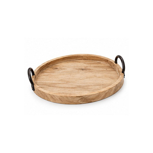 Plateau de rangement rond en bois avec poignées noires, finition vernie, design minimaliste pour utilisation sur table, à un seul niveau, 23x21cm - Product Image 5