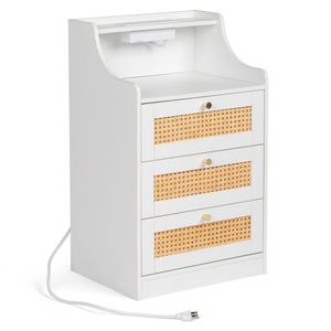 Comodino in Rattan con Maniglia Dorata Affusolata e 3 Cassetti 45x35x73cm in Truciolato Bianco Finitura Opaca - Product Image 4