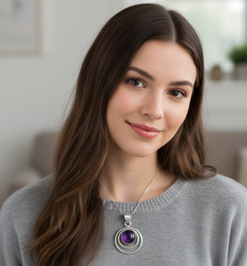 Pendentif en argent 925 avec améthyste, serti de pierres, géométrique, minimaliste, unisexe, bijoux à porter au quotidien - Product Image 1