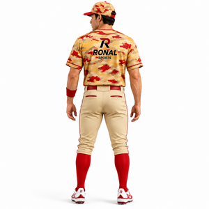 RONAL SPORTS Uniforme de baseball imprimé camouflage à manches courtes pour homme, maillot respirant en polyester avec ceinture rouge et chaussettes - Product Image 4