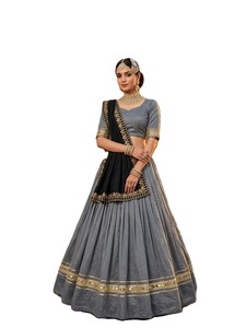 Lehenga Choli en soie grise avec dupatta noir, tenue de mariage indienne traditionnelle, robe ethnique pour femmes, longueur au sol - Product Image 3