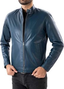 Chaqueta de Cuero Genuino para Hombre, Cuello Alto, Cierre Frontal con Cremallera, Color Azul Oscuro, Corte Ajustado, Prendas en Colores de Moda, Precio al por Mayor - Product Image 4