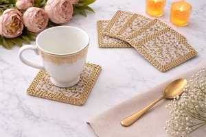 Handmade Customizable Beaded <b>Coasters</b> Floral Embroidered Gold & White Eco-Friendly Hotel & Home Dining <b>Table</b> Decor - Product Image 1