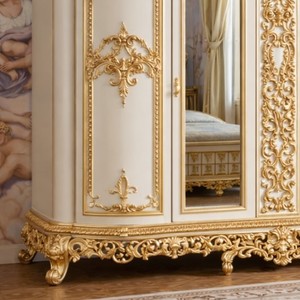 Elegant Classic <b>Wardrobe</b> European Style Double Mirror Door Solid Mahogany Wood Ivory Gold Luxury Bedroom Furniture Customized - Product Image 6