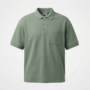 Polo à manches courtes pour homme, vert olive, avec poche, coupe classique, en coton Oxford uni, respirant, tissé - Product Image 1