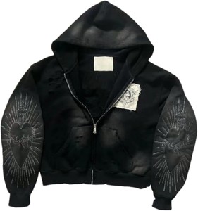 Sudadera con capucha gótica negra para hombre, con cremallera, estilo crop, oversize, bordado de corazón, manga regular, anti-bolitas, de algodón French Terry - Product Image 1