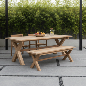 Table de jardin rectangulaire en teck massif de haute qualité, pieds croisés, durable, robuste, design moderne, non pliable, patine grise. - Product Image 1