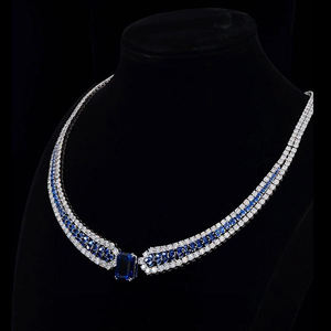 AMBER JEWELS Luxury Unisex Sapphire <b>Statement</b> <b>Necklace</b> 14K Solid Gold Radiant Cut Geometric Claw Setting Rhodium Plated IGI - Product Image 2