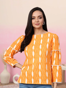 Haut en coton imprimé Ikkat, couleur orange, décontracté, ethnique, pour l'été, à porter au quotidien, confortable, respirant, séchage rapide, protection solaire - Product Image 3