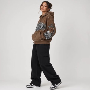 Custom Brown Washed City Graphic Zip Up <b>Hoodie</b> Rhinestone Studded Distressed Oversized Y2K Vintage Streetwear Rhinestone Hoodies - Product Image 5