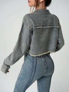 Veste en jean vintage à fermeture éclair sur le devant, manches longues, ourlet à franges, décontractée, pour l'hiver et l'automne, pour un usage quotidien - Product Image 2