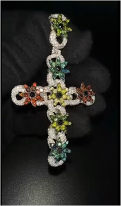 Collier pendentif croix unisexe en argent sterling haut de gamme, design 3D fleur en moissanite, plaqué or rose, style hip-hop - Product Image 5