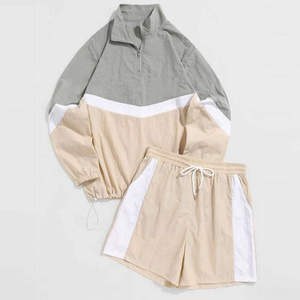 Custom Men's Color Blocking Windbreaker <b>Set</b> Quarter-Zip Jacket With Shorts Breathable <b>Knitted</b> Polyester Casual Spring Outerwear - Product Image 1