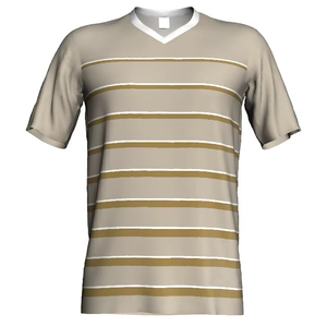 Striped V-Neck Short Sleeve T-Shirt Beige With Gold And White Horizontal Stripes - Product Image 5