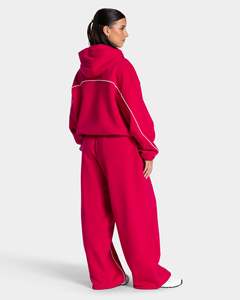 Sudadera con Capucha Personalizada para Mujer, Color Rojo Frambuesa con Líneas en Contraste, Corte Holgado, Felpa de Algodón Premium, Transpirable, Informal, OEM - Product Image 6