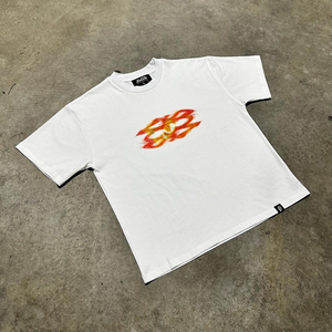 ZOS T-shirt blanc à manches courtes pour homme avec imprimé flamme, coupe classique, décontracté, en jersey de coton, col rond, streetwear - Product Image 1