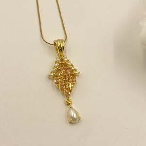 Sapphire Pearl Pendant Set 22K Gold Plated Brass Marquise Crystal Necklace and Stud <b>Earrings</b> Set for Women - Product Image 1
