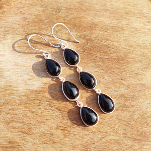 <b>Black</b> Diamond Teardrop Bezel Setting Triple Drop <b>Earrings</b> Women Handmade Silver Plated Brass Bohemian Designer Statement Gift - Product Image 1