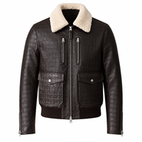 Veste en cuir véritable marron foncé pour homme, motif croco gaufré, col en sherpa, multi-poches, fermeture éclair intégrale, mode hiver, style motard