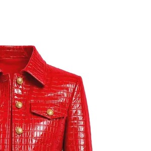 Veste en cuir rouge de style trucker avec motif croco embossé, manches longues, col rabattu, longueur courte, style hiver - Product Image 2
