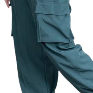 Pantalon cargo jogger bleu sarcelle pour femme, taille haute, cordon de serrage, coupe ample, multi-poches, décontracté, utilitaire, élastique, léger - Product Image 3