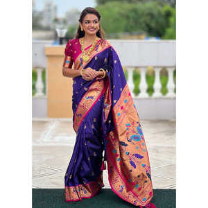 ผ้าไหมพิมพ์ลายวิลเลต์ ชานด์รากอร์ สวอน เยโอลา ไพธานี  ทอประดับด้วยดิ้นทองและลายตัดสี - Product Image 1