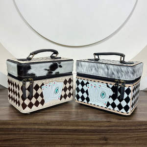 Western Style Hand Tooled Cowhide Leather Jewelry Organizer with Velvet Interior & Checkered Playing Card Pattern Jewelry Box - Product Image 5