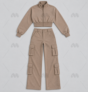 Conjunto Deportivo Casual de Otoño para Mujer, Pantalones Cargo con Cierre Completo y Cuello Alto, 100% Algodón, Transpirable, Corte Holgado, Ligero, con Bolsillos Laterales - Product Image 6